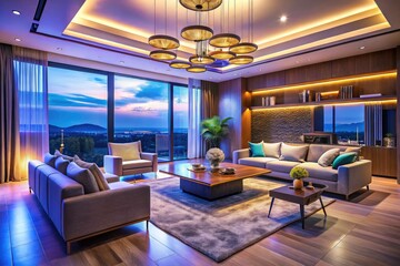 Naklejka premium Drone's-eye view: Sleek modern living room, showcasing invisible speakers and smart lighting; ultimate luxury.