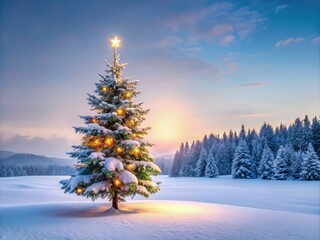 Minimalist winter scene: a snowy Christmas tree stands alone, a serene AI-generated landscape.