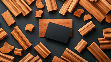 Dark background flatlay of wood samples surrounding black card mockup.