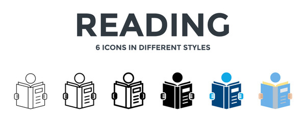 READING icon in different style vector illustration. Designed in thin line, regular line, bold line, glyph, color fill, and flat style can be used for web