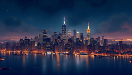 “New York City Skyline at Night” – A glowing New York City skyline illuminated by city lights under a dark blue night sky, with reflections shimmering on the Hudson River.
