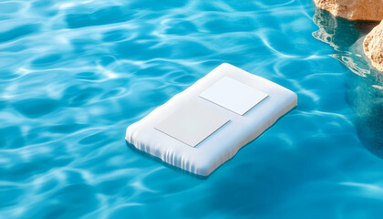 Fototapeta premium Floating Mockup Blank Cards on Pool Raft, Summer Vacation Background, Ad Design.