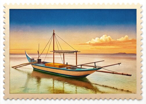 Philippine Traditional Boats Postage Stamp Minimalist Design:  Banca, Paraw, Balangay,  Filipino Maritime Heritage