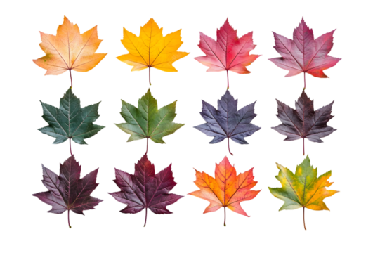 Maple leaves in vibrant autumn colors isolated on transparent background, cut out, PNG
