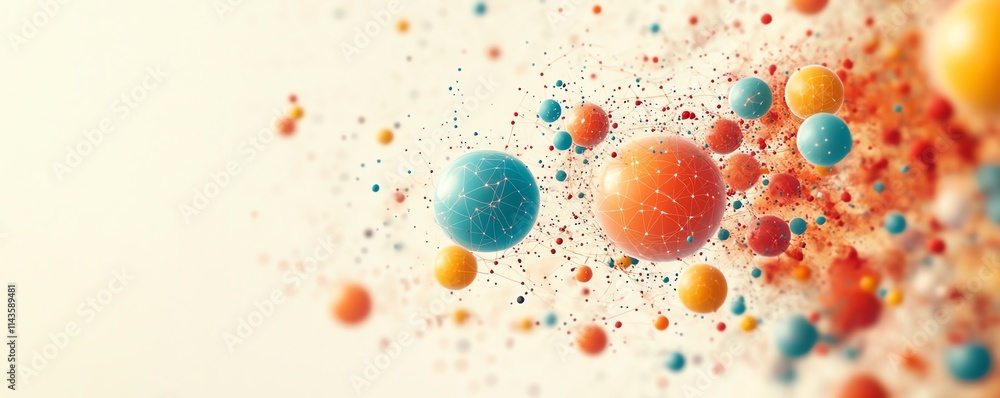 Poster abstract network connections with colorful spheres and interconnected dots, symbolizing digital comm