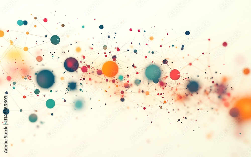 Poster abstract network of interconnected dots and colorful spheres, illustrating technology, digital commu
