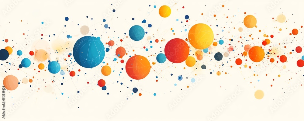 Poster abstract network connections with colorful spheres and interconnected dots, symbolizing digital comm