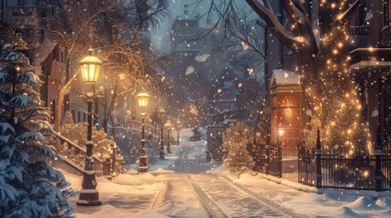 Vintage-style winter street scene, soft snow falling, warm lights from old-style lampposts, nostalgic atmosphere