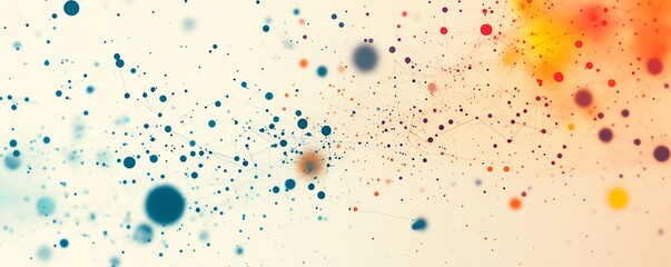 An abstract digital communication concept featuring interconnected dots, colorful spheres, and network connections, with a light beige backdrop highlighting technology