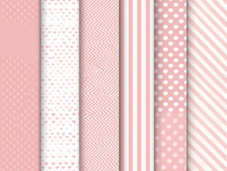 Collection of Soft Pink Patterns with Stripes, Dots, Hearts, and Geometric Shapes Ideal for Backgrounds, Textiles, and Creative Design Projects