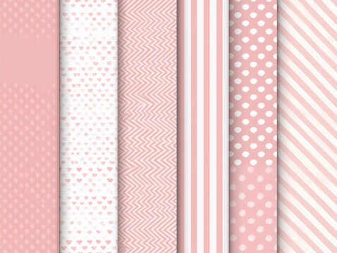 Collection of Soft Pink Patterns with Stripes, Dots, Hearts, and Geometric Shapes Ideal for Backgrounds, Textiles, and Creative Design Projects