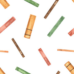 Watercolor seamless pattern with books, end grain for textures and prints, education, study, library