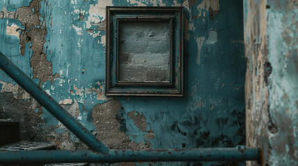 Vintage frame mockup with weathered details, positioned on a rustic wall, ideal for classic-style posters