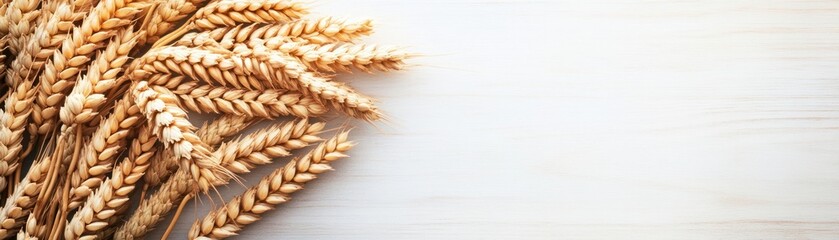 Golden wheat ear arrangement on a rustic wooden background, showcasing the natural beauty and texture of agricultural harvest and crop production.
