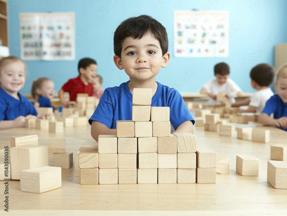 Poster young boy proudly building with wooden blocks in a cheerful classroom setting surrounded by classmat