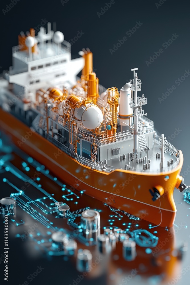 Poster illustration of a cargo ship with automated loading systems