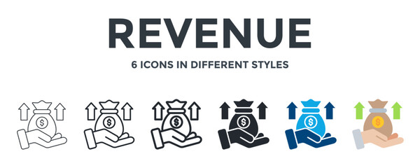 REVENUE icon in different style vector illustration. Designed in thin line, regular line, bold line, glyph, color fill, and flat style can be used for web