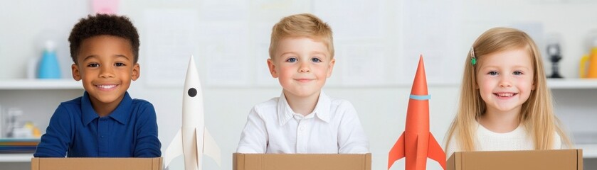 Fototapeta premium Happy Children with Model Rockets in Classroom Setup, Engaged in Creative Play and Science Learning, Demonstrating Curiosity and Joy of Exploration