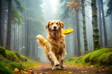 Golden Retriever puppy enjoys a frisbee game amidst the misty forest trees.