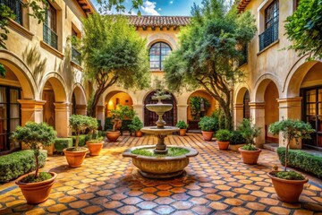 Golden sunlight bathes terracotta and olive leaves around a charming courtyard fountain.