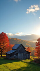 Obraz premium “Autumn in Vermont” – A peaceful scene of a Vermont countryside in autumn, with vibrant red, orange, and yellow foliage surrounding a traditional barn under a clear sky. 