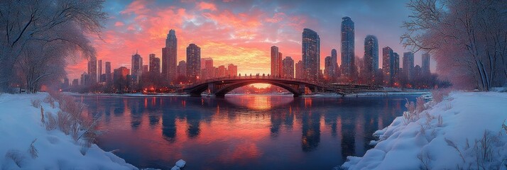 Fototapeta premium Scenic winter cityscape at sunrise with bridge reflection.