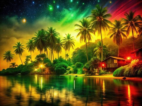 Green, yellow, and red textured background sets a lively, reggae-infused mood.