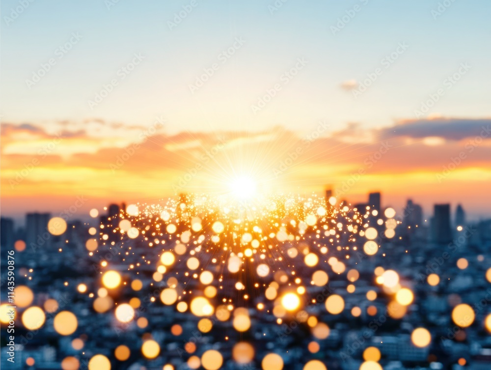 Poster vibrant sunset over cityscape with bokeh background creating a dreamy atmosphere of light and color 