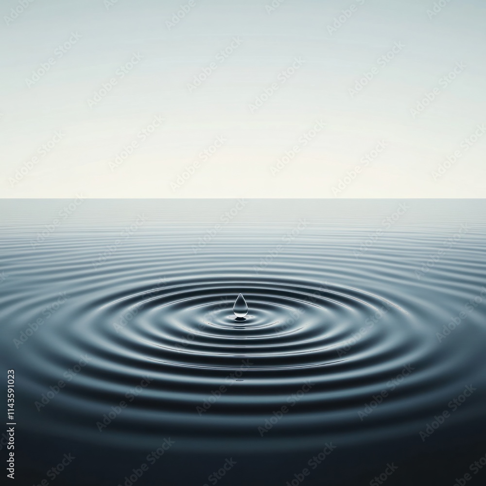 Poster tranquil water surface with gentle ripples and a single droplet creating concentric waves, evoking c