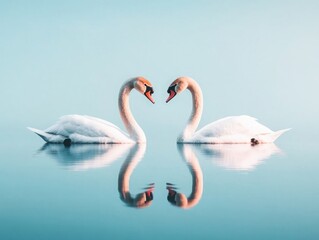 Fototapeta premium Serene Swans Gliding Gracefully on Calm Water Reflecting Their Beauty in a Tranquil Setting, Capturing the Essence of Nature's Elegance and Harmony