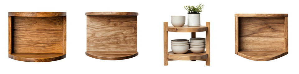 Wooden shelving units with ceramic bowls plates and a potted plant displayed against a wooden studio background  Minimalist modern home decor and storage solution for kitchen living room