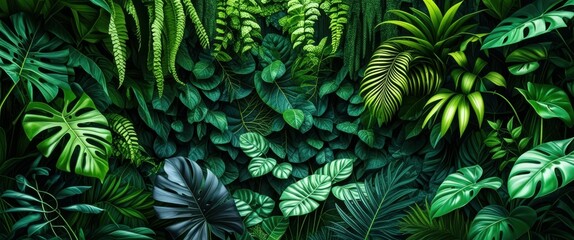 Fototapeta premium Lush tropical foliage, dense jungle undergrowth, vibrant green leaves, exotic plants, Monstera deliciosa, ferns, philodendron, dark moody atmosphere, rich botanical textures, rainforest flora, deep sh