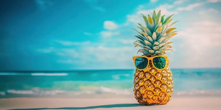 A playful pineapple in shades amidst a sunny beach backdrop.
