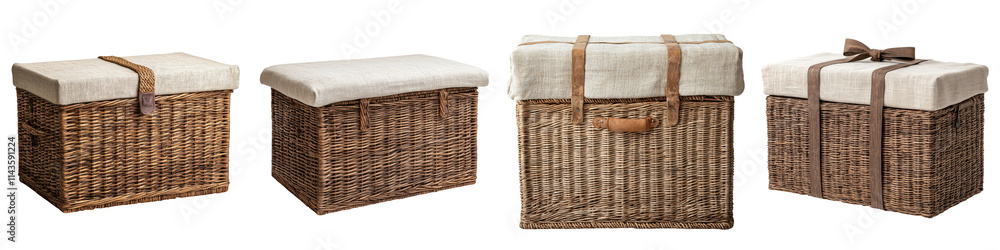 Poster assortment of neutral toned wicker storage baskets and containers in various shapes and sizes for st