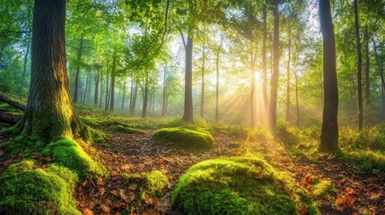 Obraz premium Sunlit Forest Path Mossy Trees Peaceful Scene