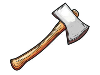 a hand-drawn illustration of an axe with a wooden handle the axe is in a cartoon style and has a sharp blade it is isolated on a transparent background