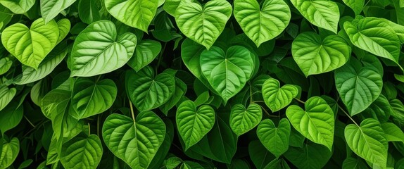 Fototapeta premium Lush green foliage, heart-shaped leaves, tropical plant textures, vibrant green hues, natural patterns, close-up nature photography, botanical detail, jungle flora, leaf veins, glossy leaf surfaces, v