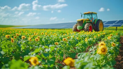 Solar energy fuels sustainable farming in a sunflower field under clear skies