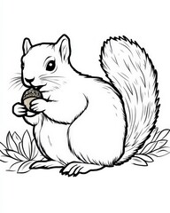 A cartoon-style illustration of a squirrel holding an acorn, surrounded by foliage. The image is designed for coloring purposes, showcasing the squirrel's playful demeanor.