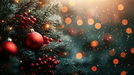 Festive Christmas tree ornaments and snowy branches