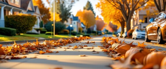 autumn street scene, fallen leaves on sidewalk, golden foliage, suburban neighborhood, low angle view, warm sunlight, crisp autumn day, tree-lined street, cozy atmosphere, nostalgic mood, shallow dept