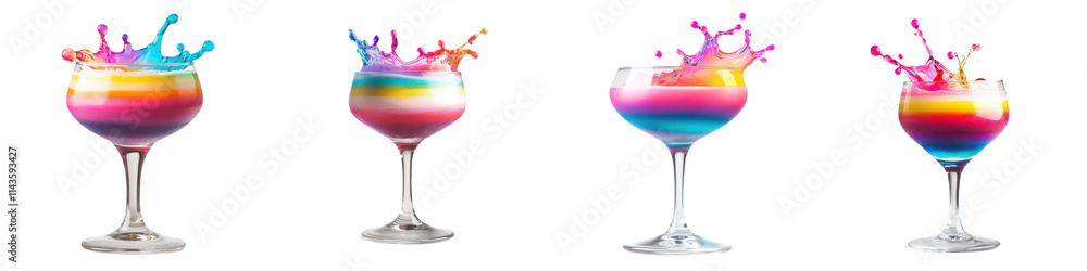 Poster visually striking image showcasing a dynamic and vibrant explosion of colorful liquid in cocktail gl