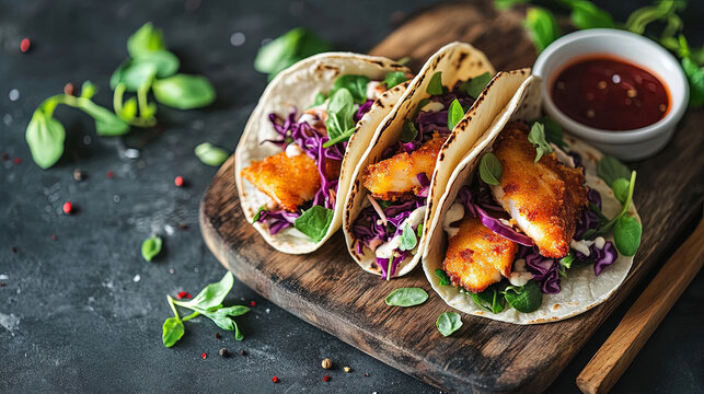 chicken nacos on the wooden board