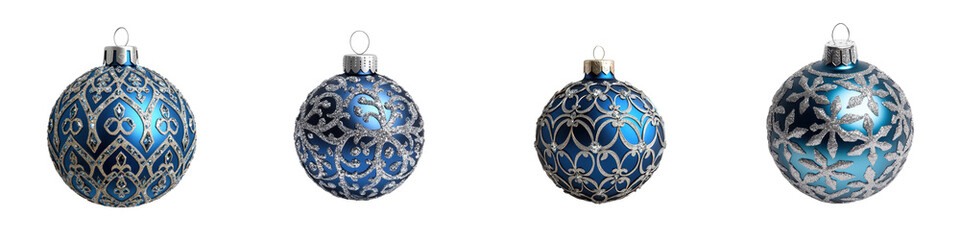Exquisite blue and silver Christmas ornament balls with intricate patterns and textures hanging together in a festive holiday display  These elegant shiny decorative baubles create a luxurious