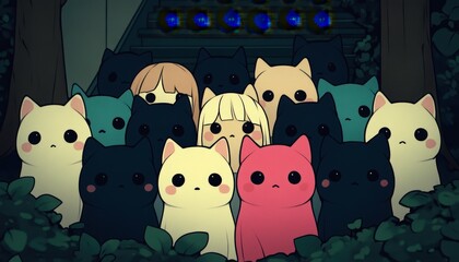A whimsical illustration featuring a group of adorable, cartoon-style cats in various colors, standing together in a lush, green environment, evoking a sense of cuteness and community.