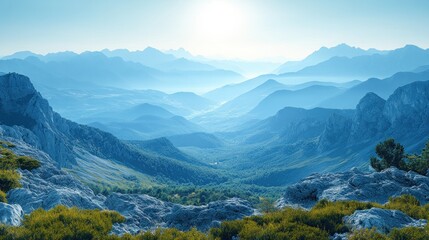 Obraz premium Majestic mountain range at sunrise, hazy blue hues, valley below.