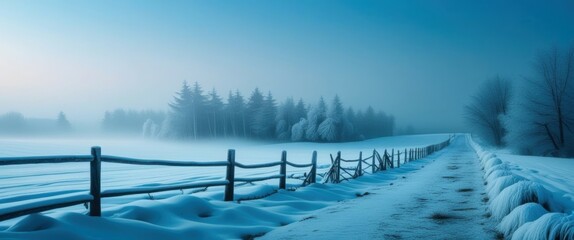 Fototapeta premium Winter landscape, misty forest, snowy field, wooden fence, blue tones, atmospheric fog, ethereal light, panoramic view, serene nature scene, frosty morning, peaceful countryside, minimalist compositio