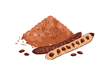 Carob pod bean and carob powder isolated on white background. Vector cartoon flat illustration.