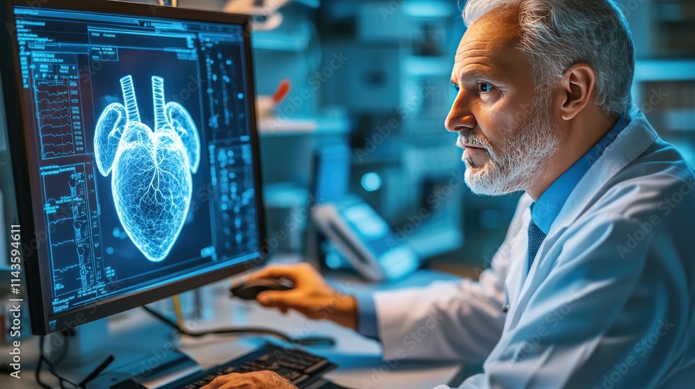 Aufkleber cardiologist analyzing 3d heart model on computer screen