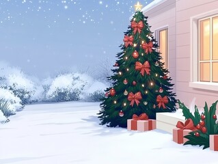 Obraz premium A cozy winter scene featuring a decorated Christmas tree with ornaments and bows, surrounded by snow, presents, and a warm home, evoking holiday spirit and festive cheer.